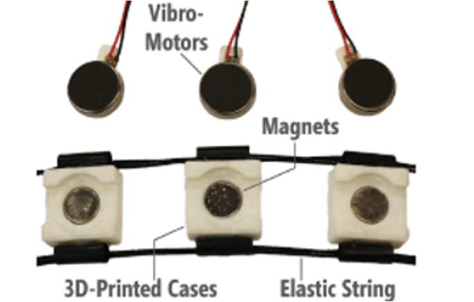 components of a haptic wristband: motors, an elastic band, and 3D printed cases for motors on the elastic band.